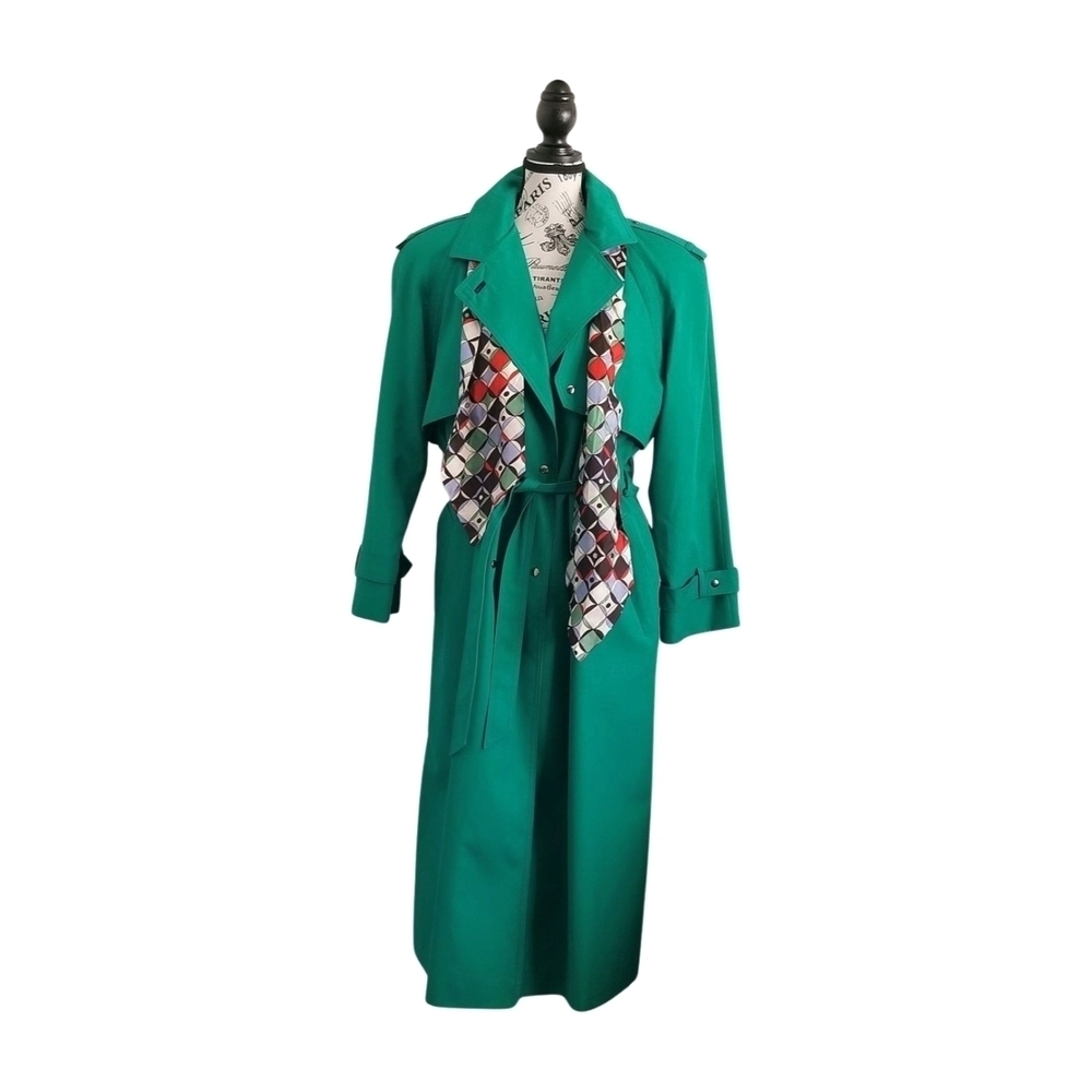 80s Vintage Emerald Spring Green Dopamine Trench Coat Maxi Lenght Size Large - Picture 3 of 13